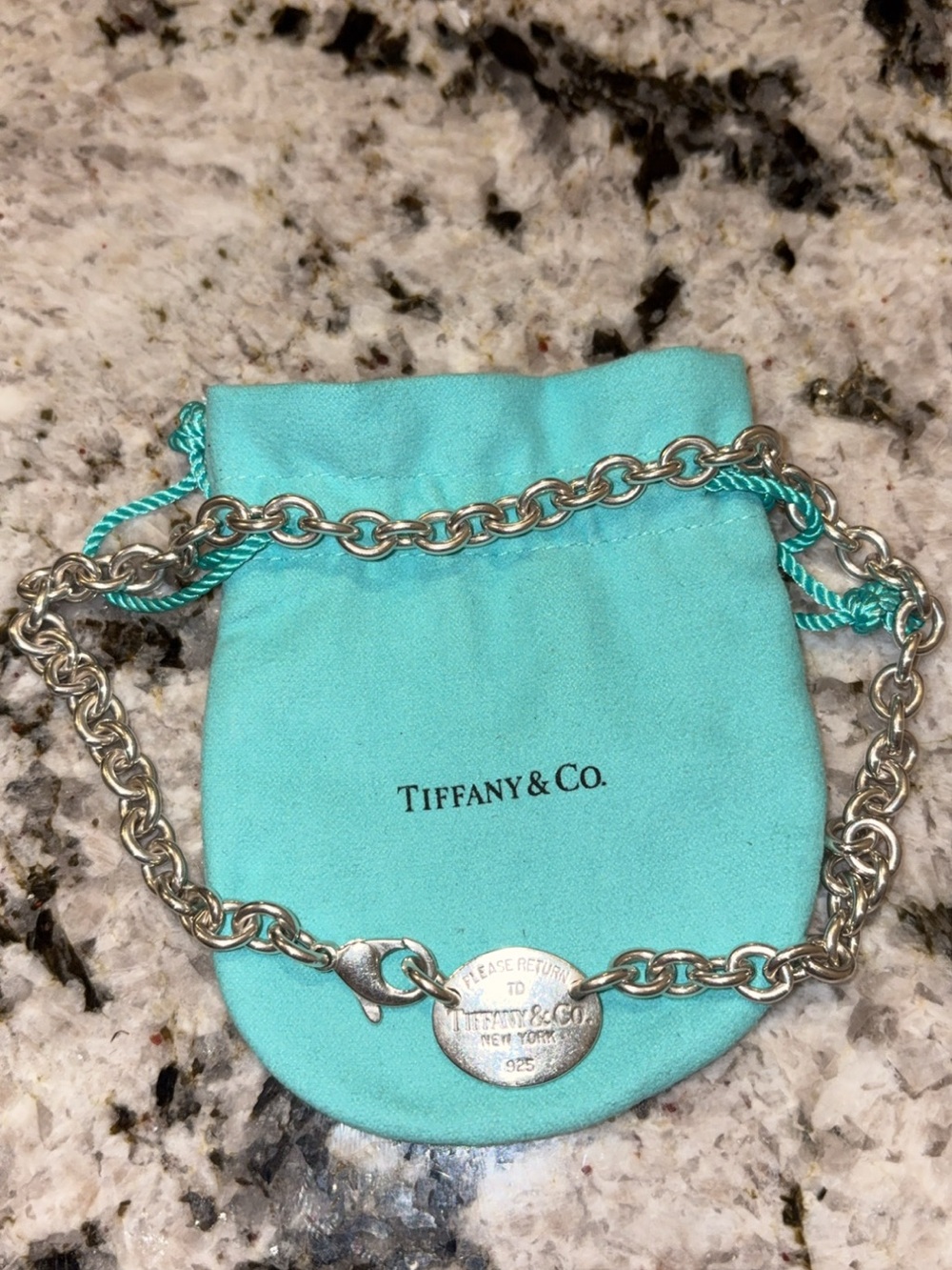 Tiffany & Co. Sterling Silver Link necklace with Oval Tag and Tiffany Blue Pouch